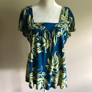 Hilo Hattie Blue/Green Floral Hawaiian Blouse/Top